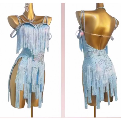 Custom size light blue bling fringe competition latin dance dresses for women girls kids salsa rumba chacha samba EDC Rave stage performance costumes for female